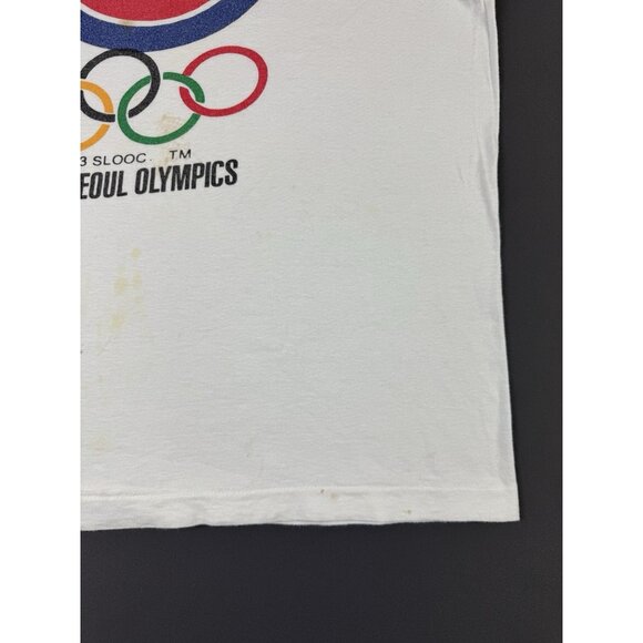 Rare Vintage 80s 1988 Seoul Korea Olympics Sport White Shirt Thrashed Paint Art - Picture 6 of 11